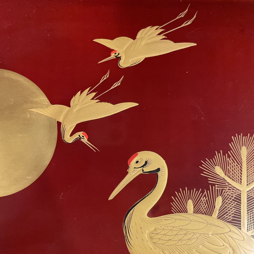 Russet & Gold Tray with Crane and Full Moon