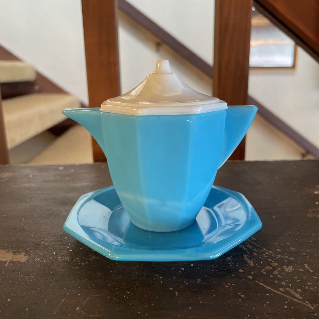 Blue Agate Glass Creamer with saucer & White Lid
