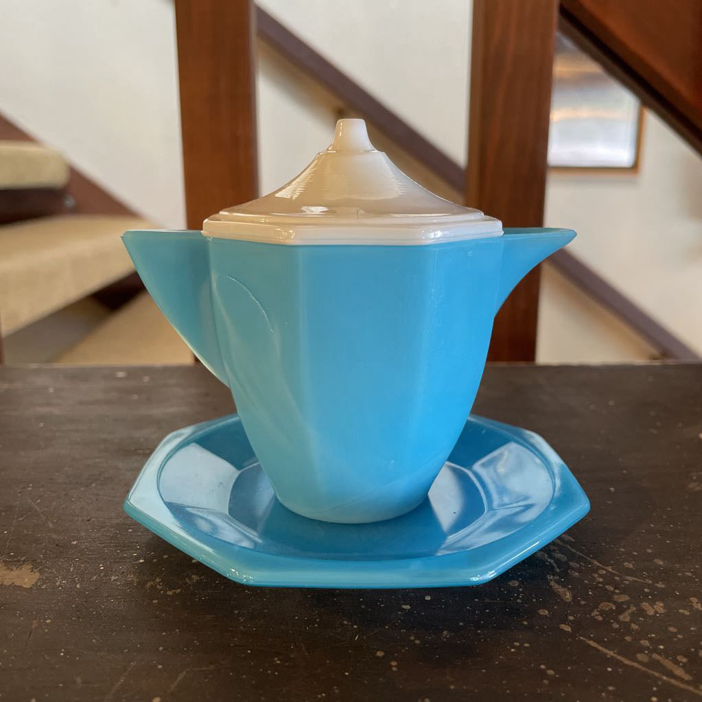 Blue Agate Glass Creamer with saucer & White Lid