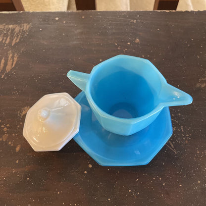 Blue Agate Glass Creamer with saucer & White Lid