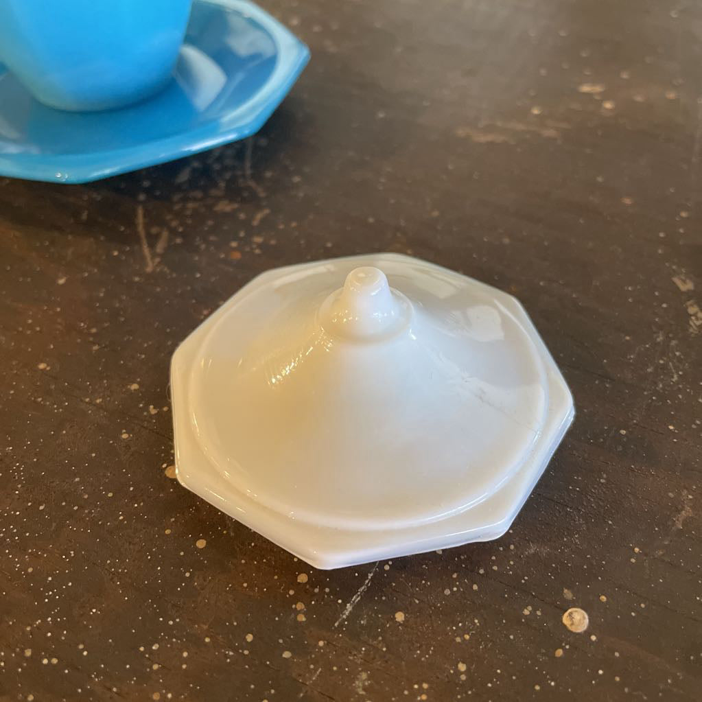 Blue Agate Glass Creamer with saucer & White Lid