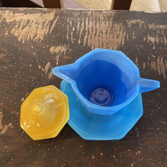 Blue Agate Glass Creamer(set's kinda ''cobbled together-2 blue shades & yellow lid)r