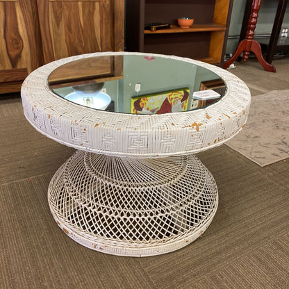 Round White Wicker Mirror Top Side Table (AS IS) C SIDE TABLES