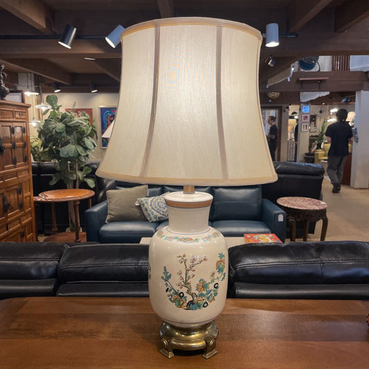 Ceramic Vase Table Top Lamp with Painted Tree & Florals