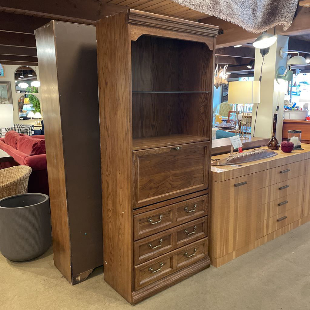 Oak 3 Drawer Tall Secretary Desk w/ Shelf & Pencil Sharpener