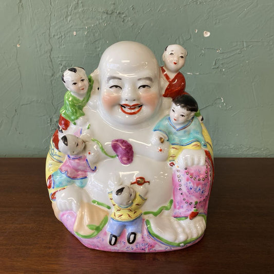 Chinese Laughing Buddha w/Children Porcelain Figurine UNIQUE FINDS