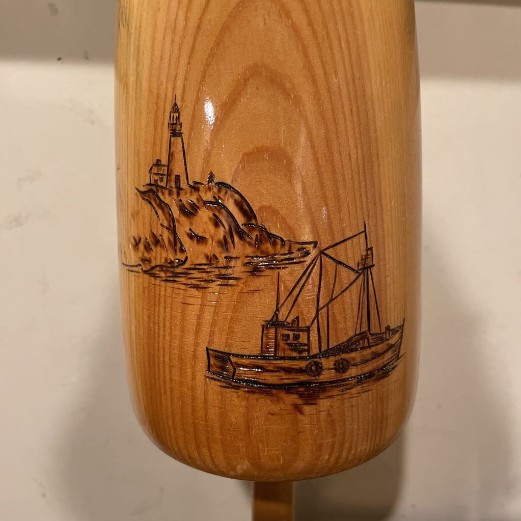 Wood Net Bouy with Carved Fishing Boat & Lighthouse Scene UNIQUE FINDS