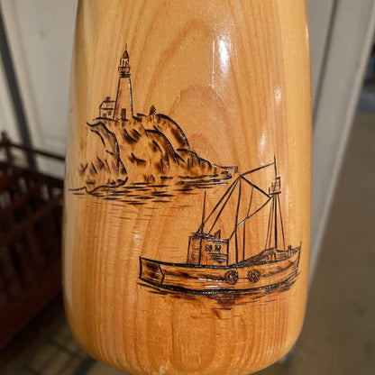 Wood Net Bouy with Carved Fishing Boat & Lighthouse Scene UNIQUE FINDS