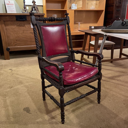 "Throne" Chair with Turned Wood and Red Leather Upholstery
