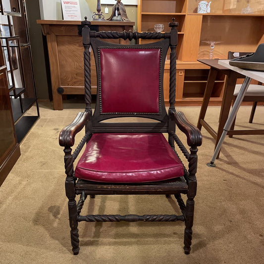 "Throne" Chair with Turned Wood and Red Leather Upholstery