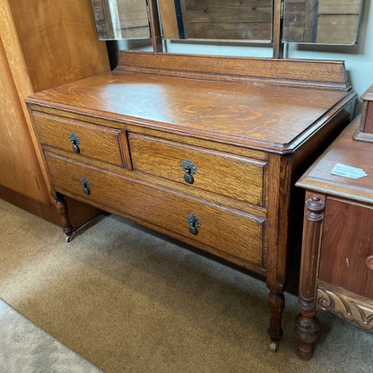 Vintage Oak 3 Drawer Trifold Mirror Vanity C VANITIES