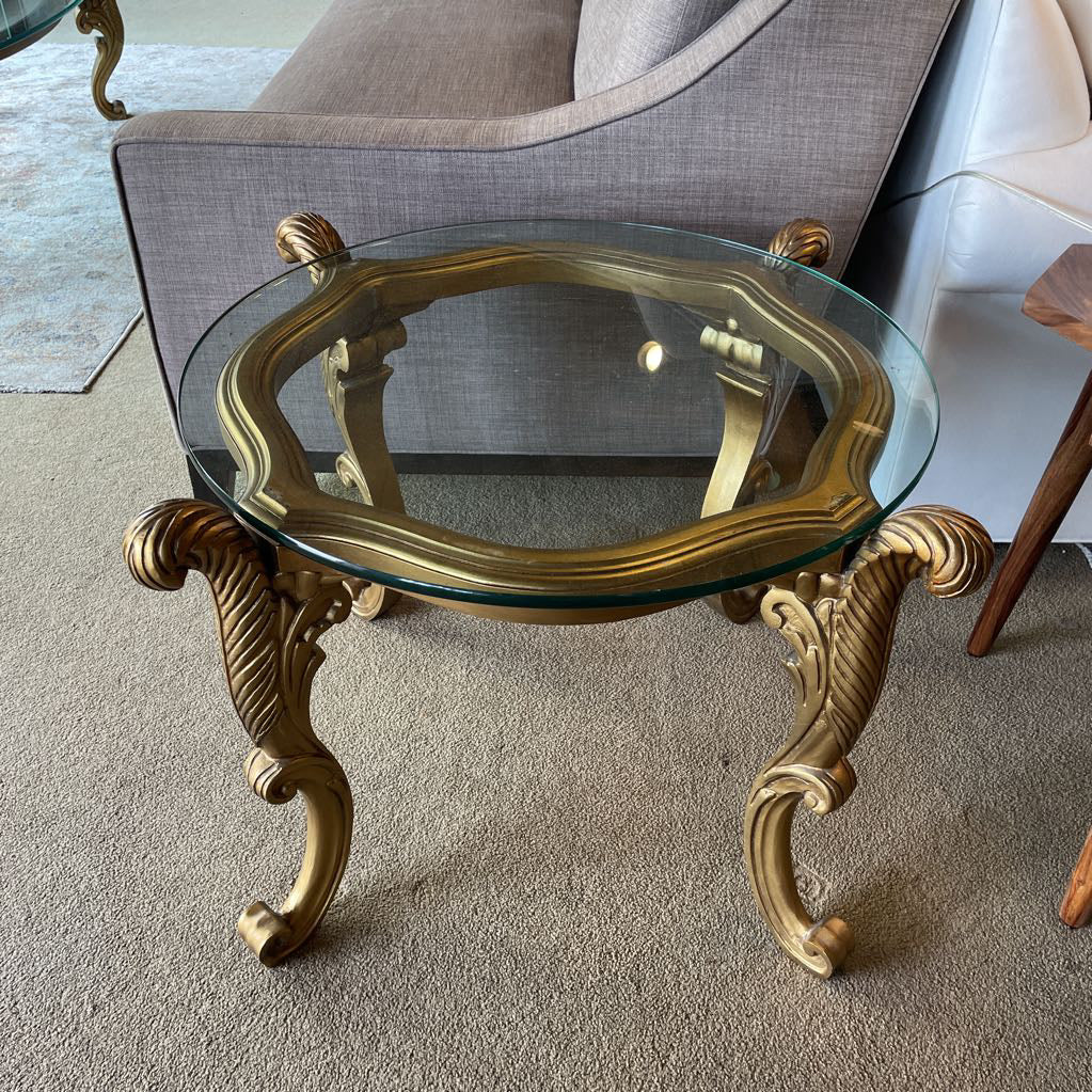 French Provincial Golden Curved Foot Base End Table with Glass Top C SIDE TABLES