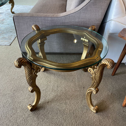 French Provincial Golden Curved Foot Base End Table with Glass Top C SIDE TABLES