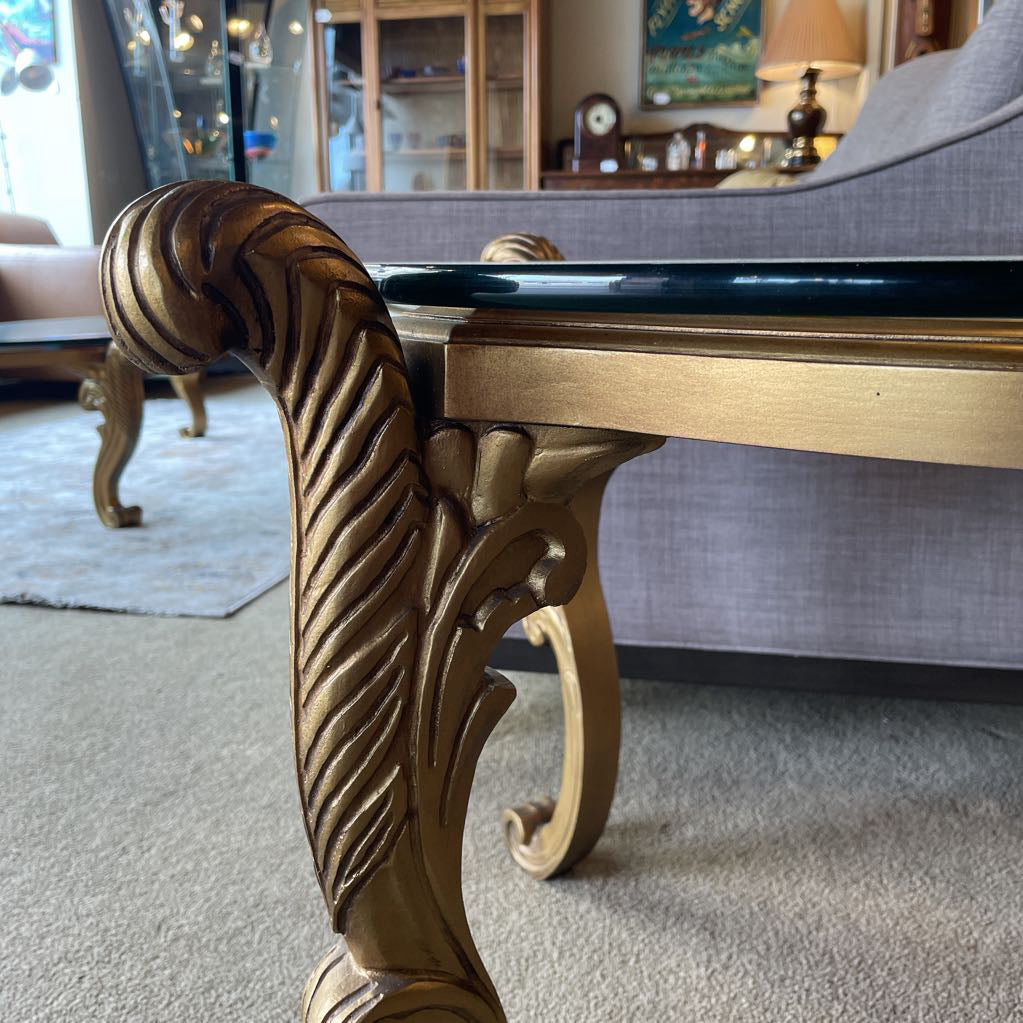 French Provincial Golden Curved Foot Base End Table with Glass Top C SIDE TABLES