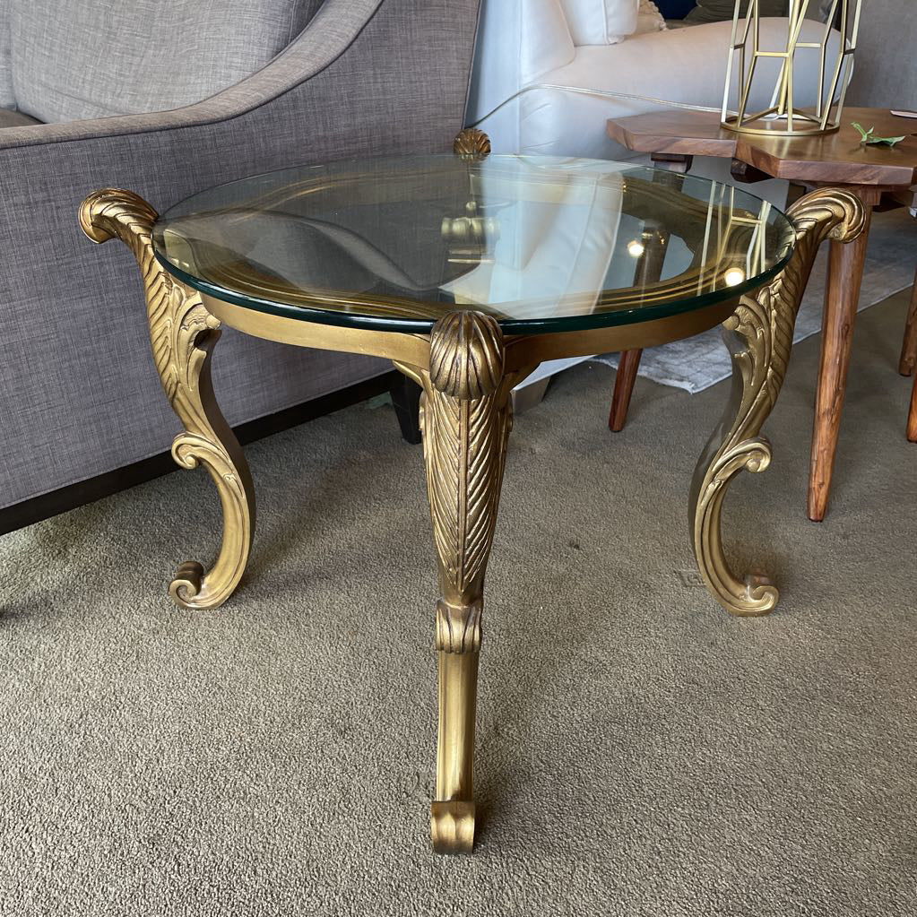 French Provincial Golden Curved Foot Base End Table with Glass Top C SIDE TABLES