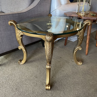 French Provincial Golden Curved Foot Base End Table with Glass Top C SIDE TABLES