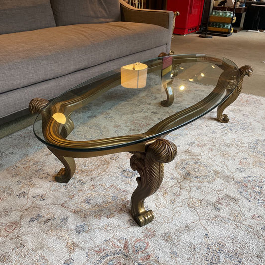 French Provincial Golden Oval Coffee Table with Glass Top