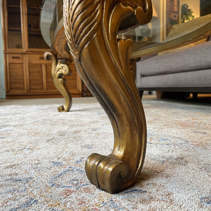 French Provincial Golden Oval Coffee Table with Glass Top