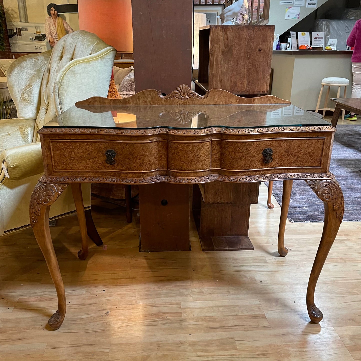 Chippendale Style Burlwood Carved Leg Server Table C CONSOLE TABLES
