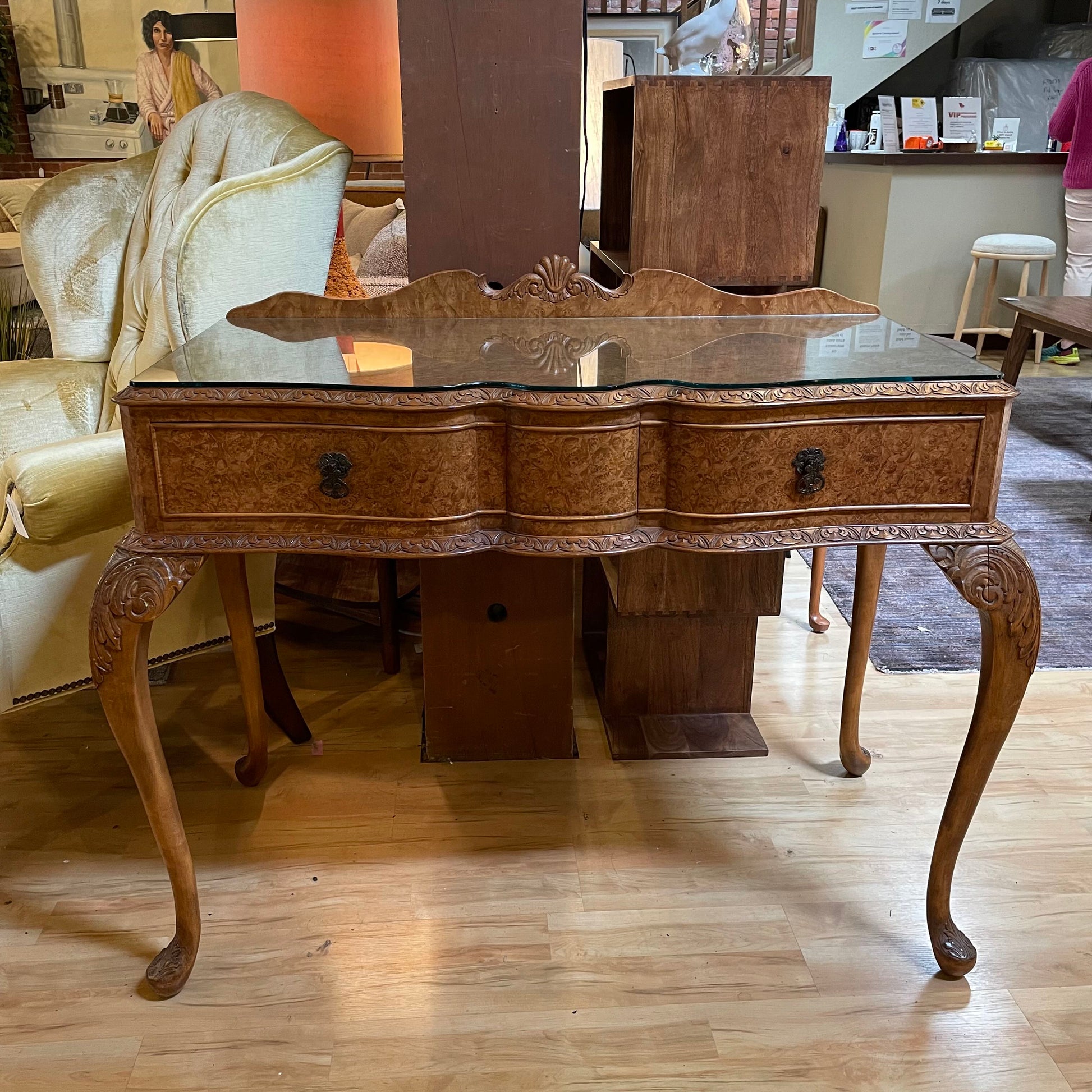 Chippendale Style Burlwood Carved Leg Server Table C CONSOLE TABLES