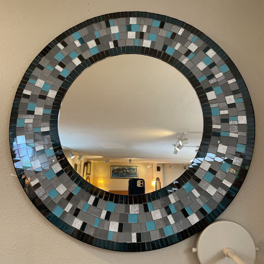 Blue and Grey Glass Tile Round Wall Mirror