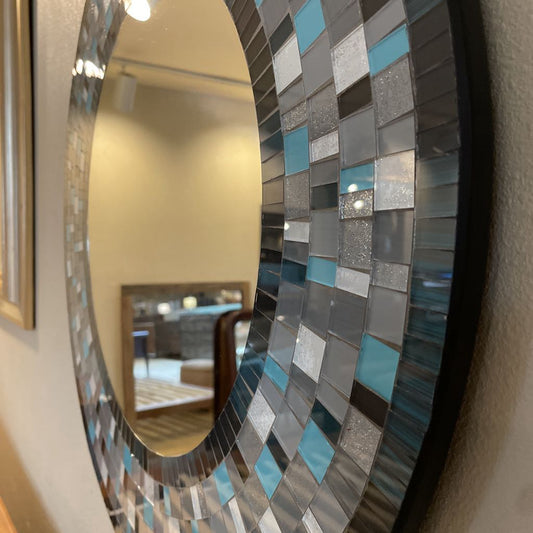 Blue and Grey Glass Tile Round Wall Mirror