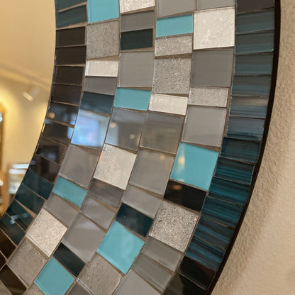 Blue and Grey Glass Tile Round Wall Mirror