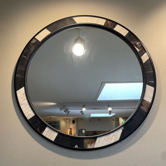 White, Black & Brown w. Black Border Round Tile Wall Mirror