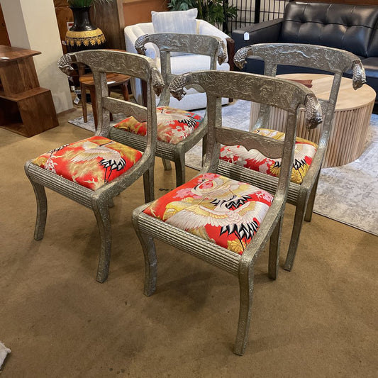 Handmade Metal Lions Head w/ Vintage Kimono Upholstery Dining Chairs (SET OF 4) C DINING CHAIRS