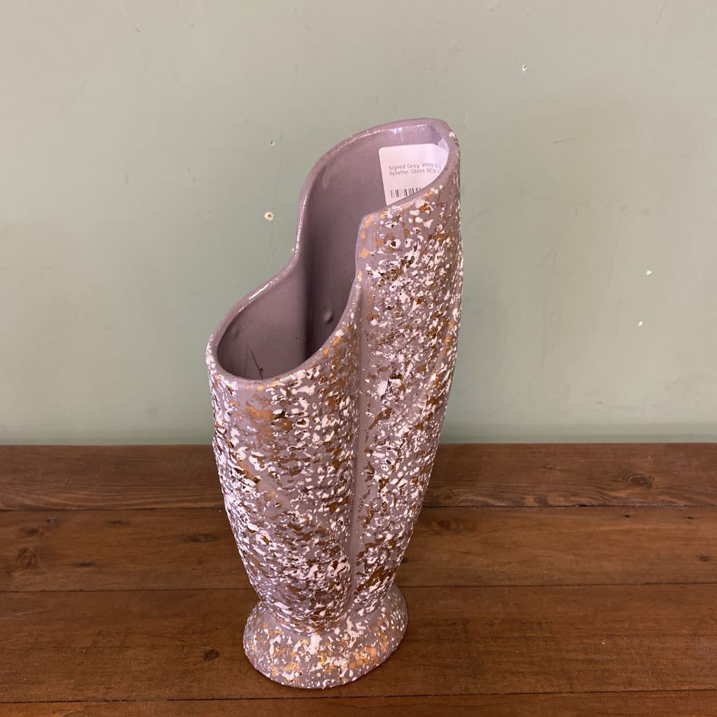 Signed Grey White & Gold Splatter Glaze MCM Vase