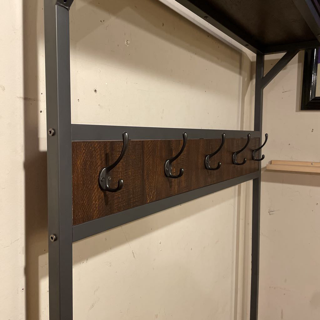 Industrial Metal + Faux Wood Coat Rack Bench