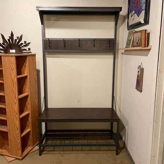 Industrial Metal + Faux Wood Coat Rack Bench