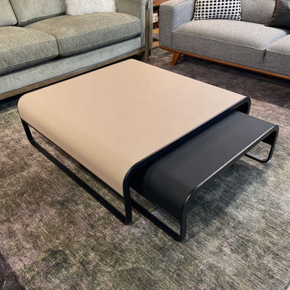 Taupe & Black Vegan Leather Nesting Coffee Table Set w/ Curved Black Metal Frame C COFFEE TABLES