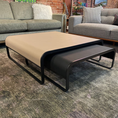 Taupe & Black Vegan Leather Nesting Coffee Table Set w/ Curved Black Metal Frame C COFFEE TABLES