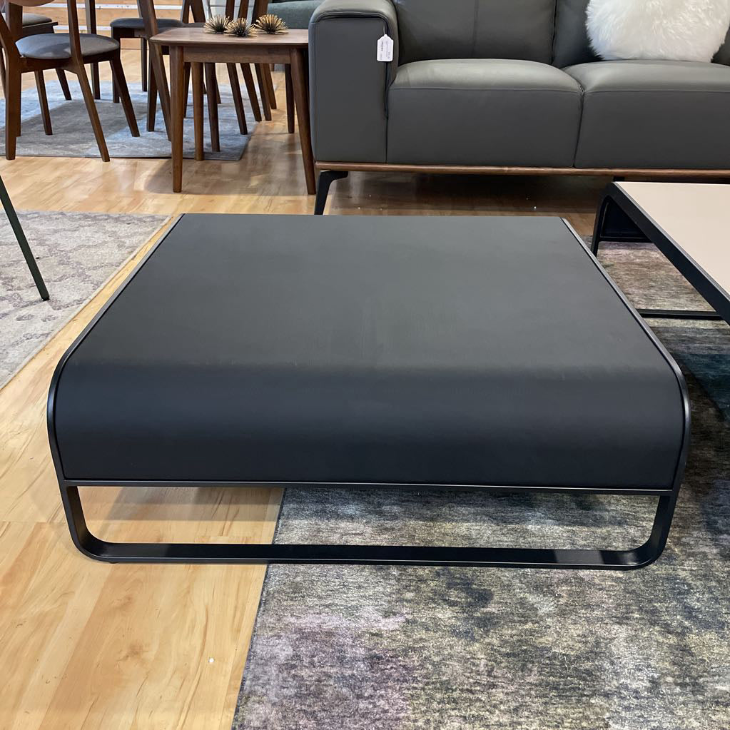 Taupe & Black Vegan Leather Nesting Coffee Table Set w/ Curved Black Metal Frame C COFFEE TABLES