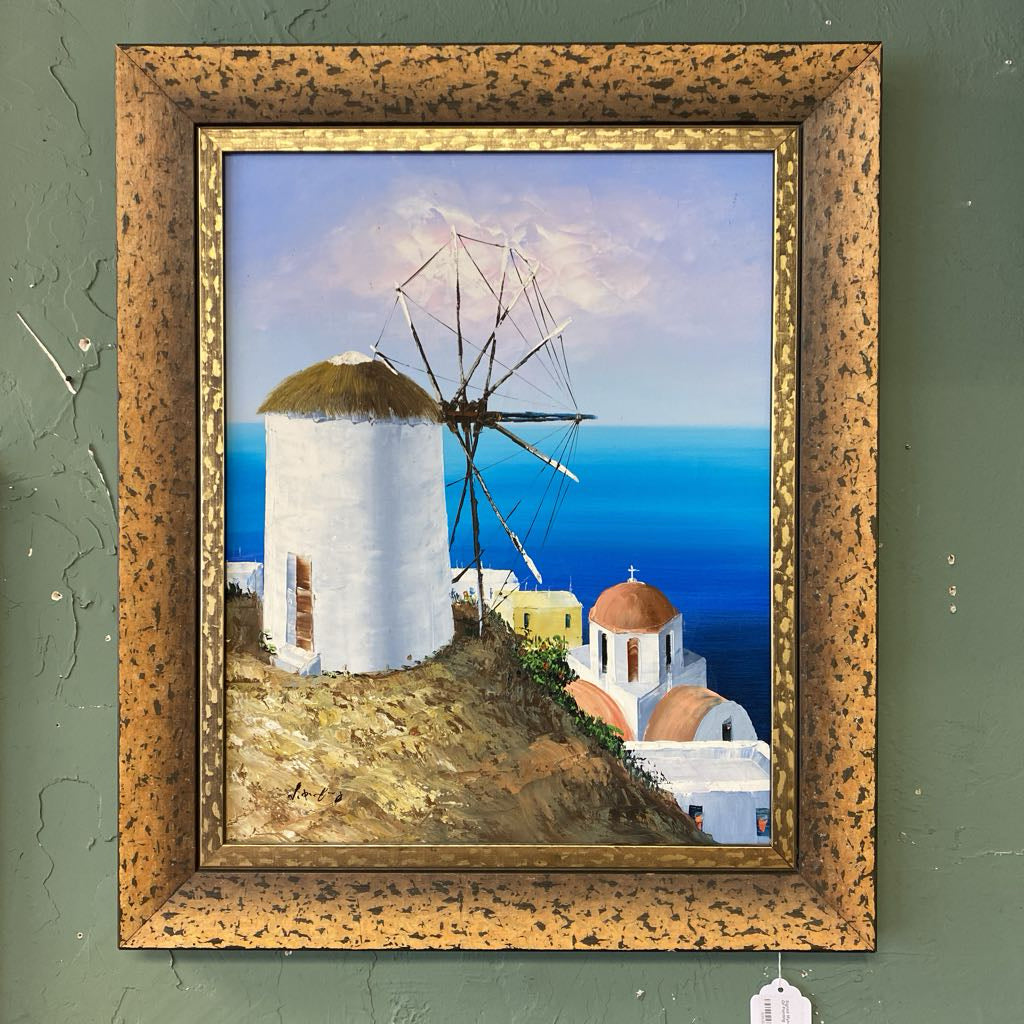 Signed Mykonos Greece Wind Mill Oil Painting ART