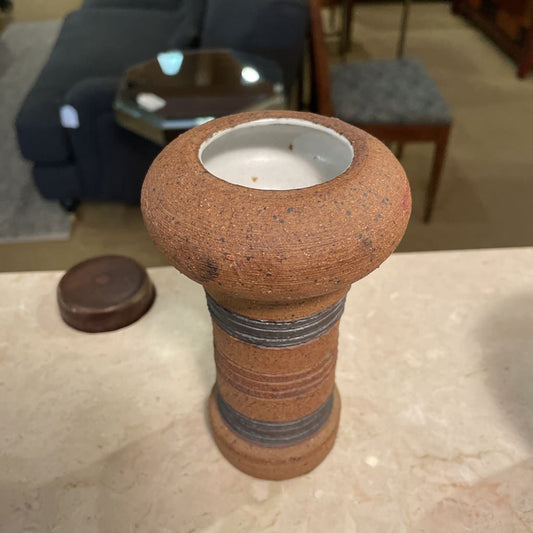 1969 Brown with Grey Stripes Handmade Pottery Bud Vase UNIQUE FINDS