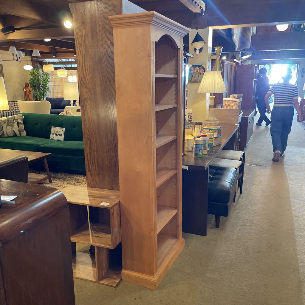 Natural Wood Narrow Bookcase w/ Decorative Trim