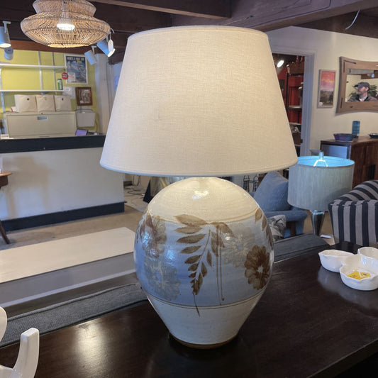 Large Round Pottery Lamp with Blue Center Base with Leaves & Flowers