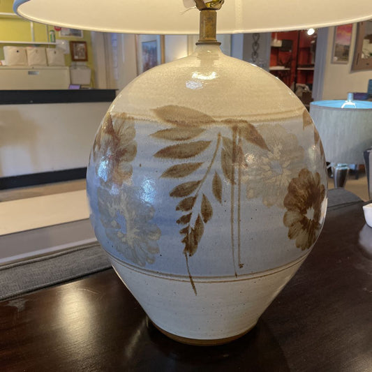 Large Round Pottery Lamp with Blue Center Base with Leaves & Flowers