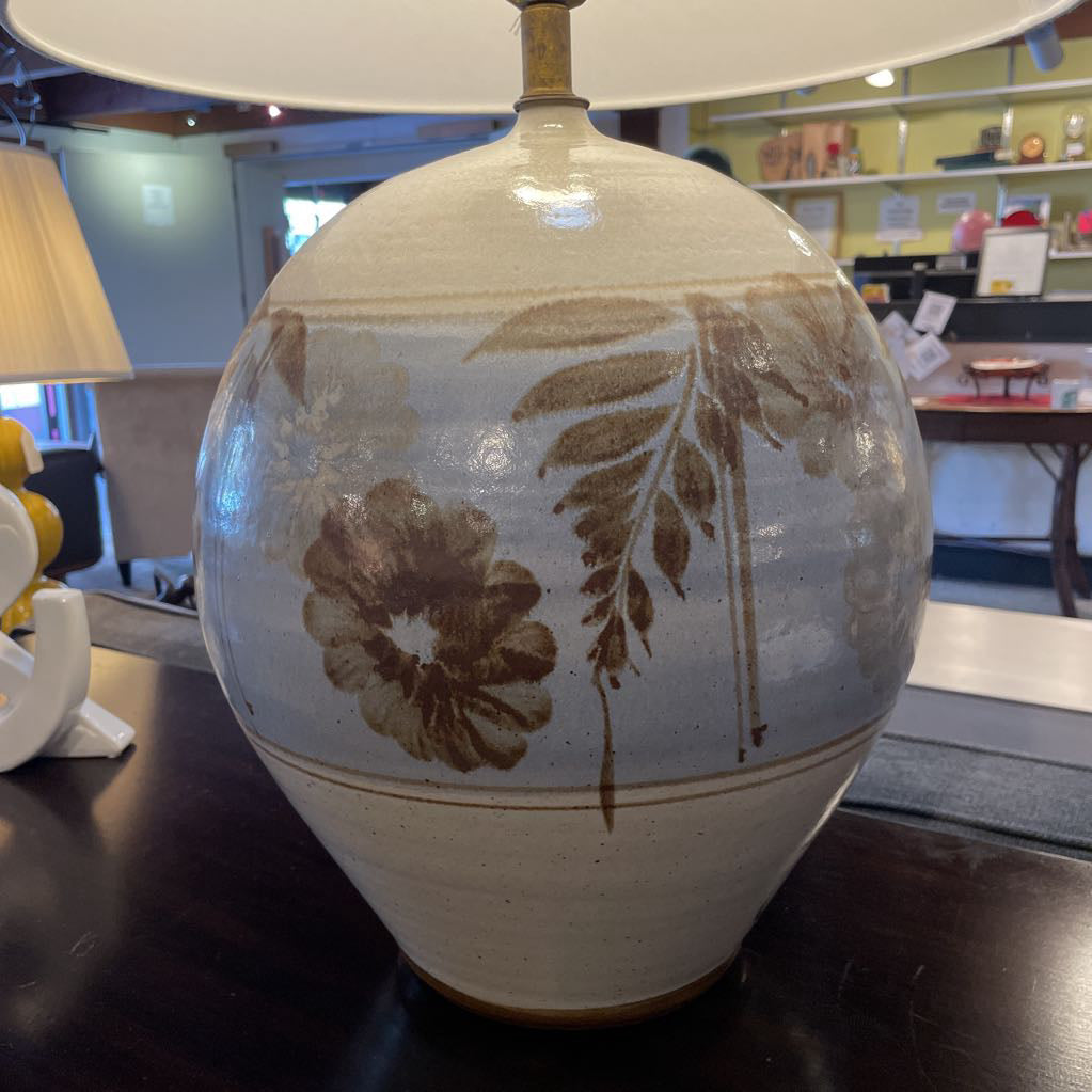Large Round Pottery Lamp with Blue Center Base with Leaves & Flowers LAMPS