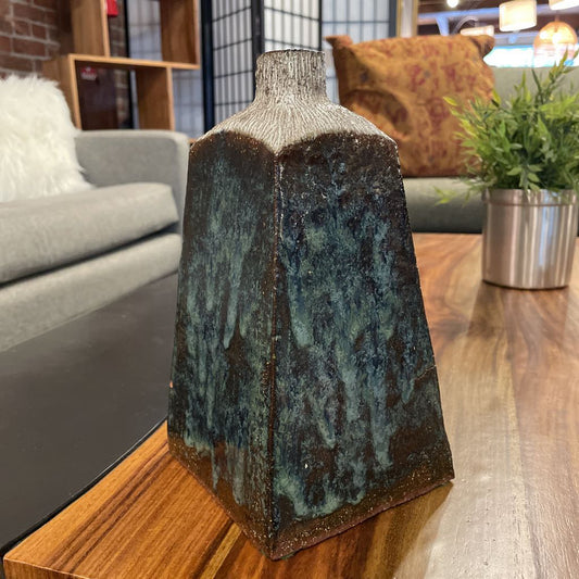 Handmade Vintage Pottery Vase with Glazed Sides & Striated Top
