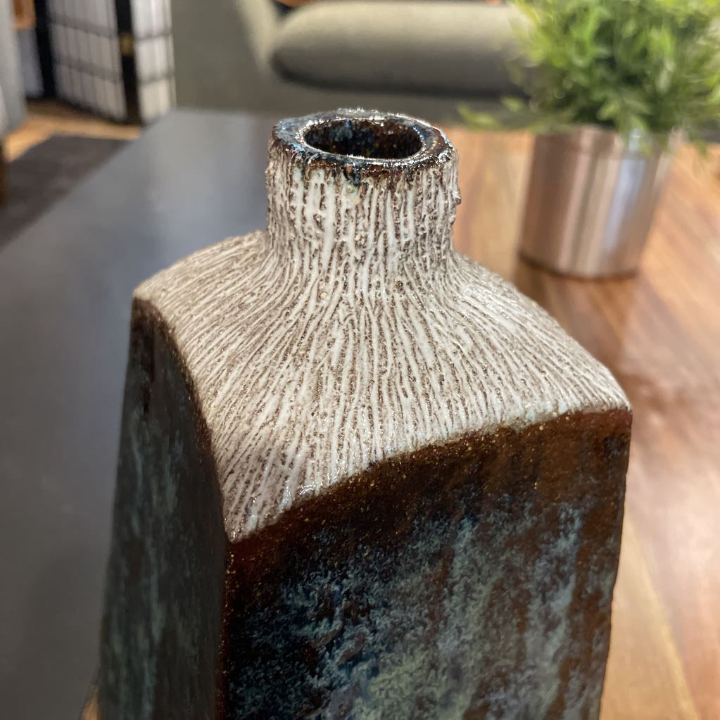 Handmade Vintage Pottery Vase with Glazed Sides & Striated Top UNIQUE FINDS