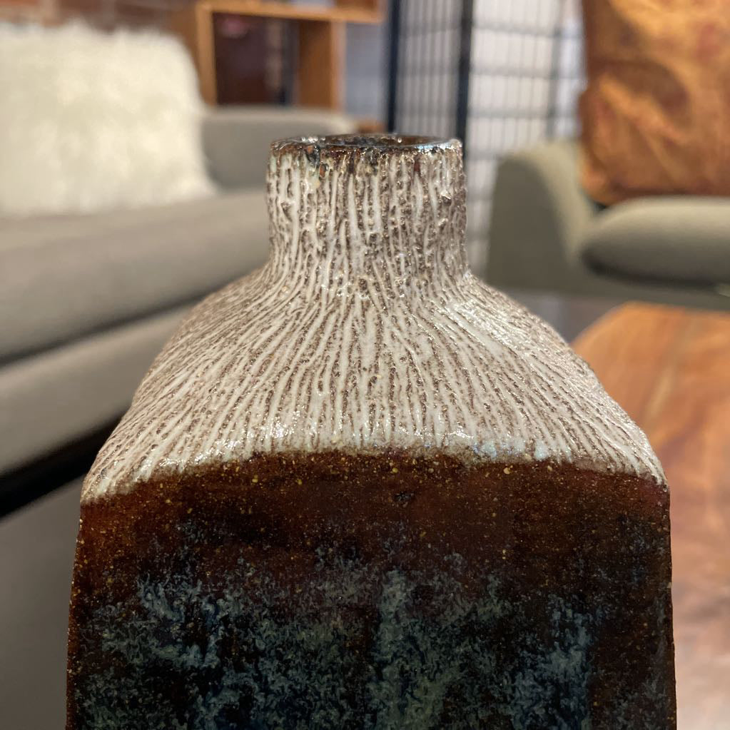 Handmade Vintage Pottery Vase with Glazed Sides & Striated Top UNIQUE FINDS
