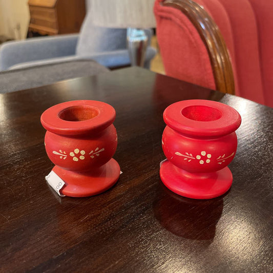 Norwegian Rosemaling Small Red Candleholder SET/2