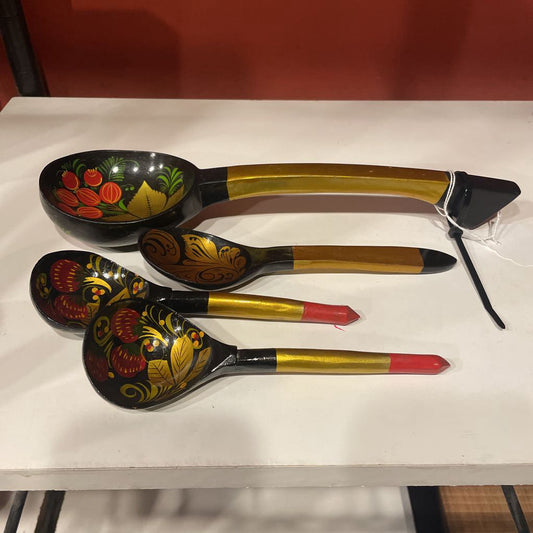Black/Gold/red Folk Art Spoon Set of 4 UNIQUE FINDS