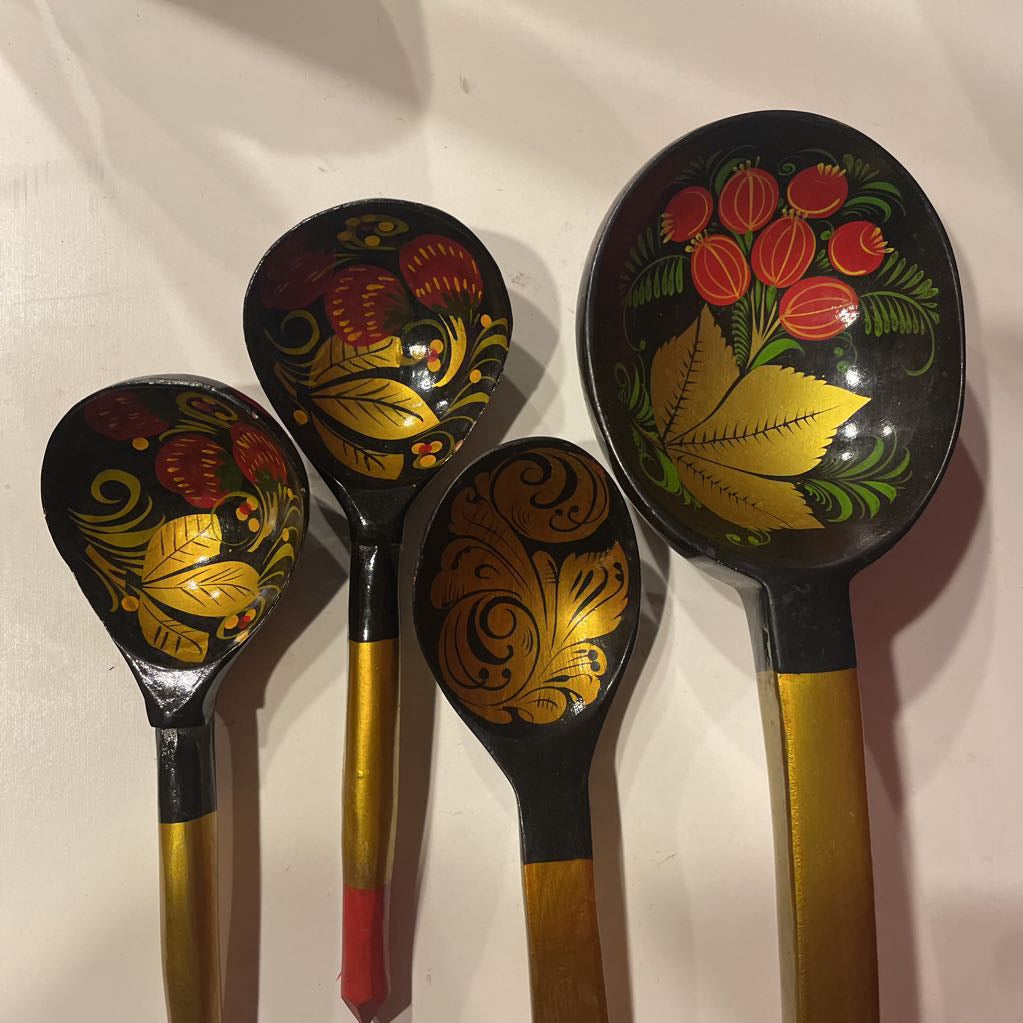Black/Gold/red Folk Art Spoon Set of 4 UNIQUE FINDS