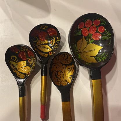 Black/Gold/red Folk Art Spoon Set of 4 UNIQUE FINDS