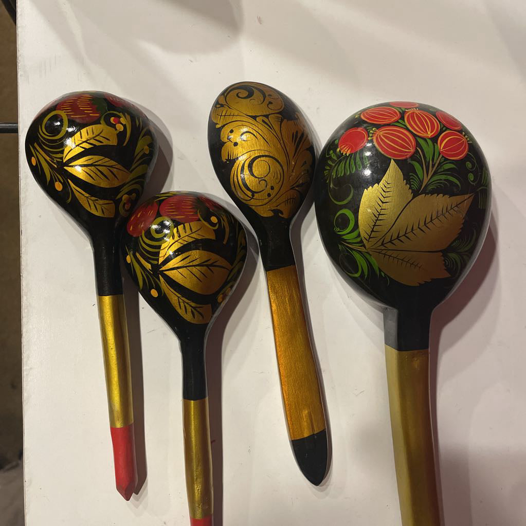 Black/Gold/red Folk Art Spoon Set of 4 UNIQUE FINDS