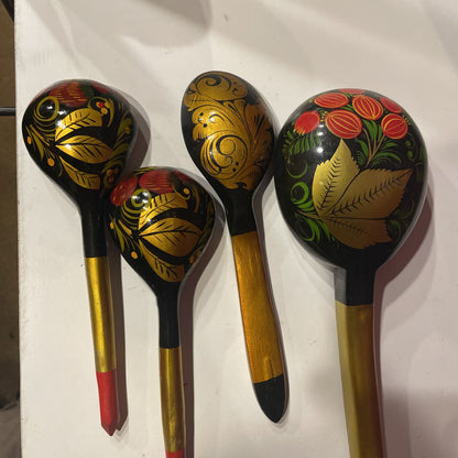 Black/Gold/red Folk Art Spoon Set of 4 UNIQUE FINDS